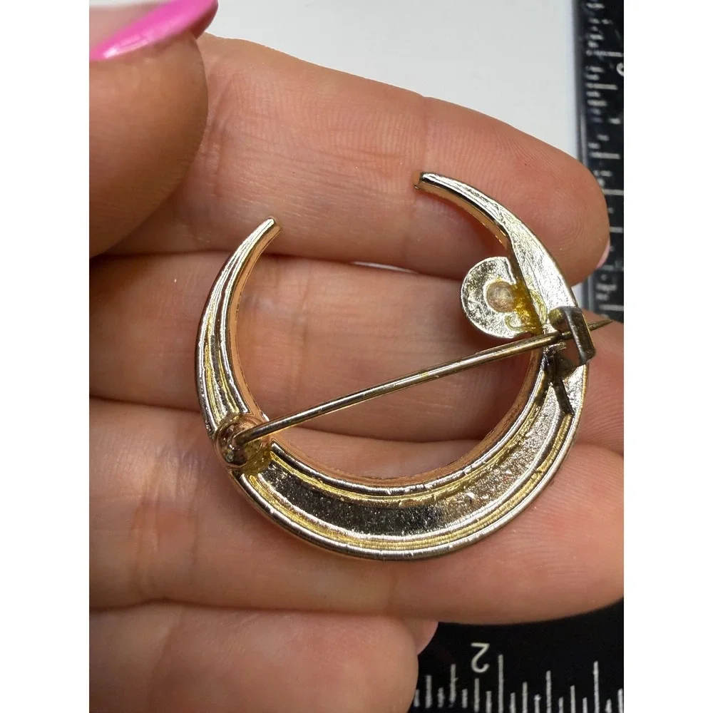 Gold Tone Crescent Moon Brooch Faux Pearl Celestial Pin Jewelry